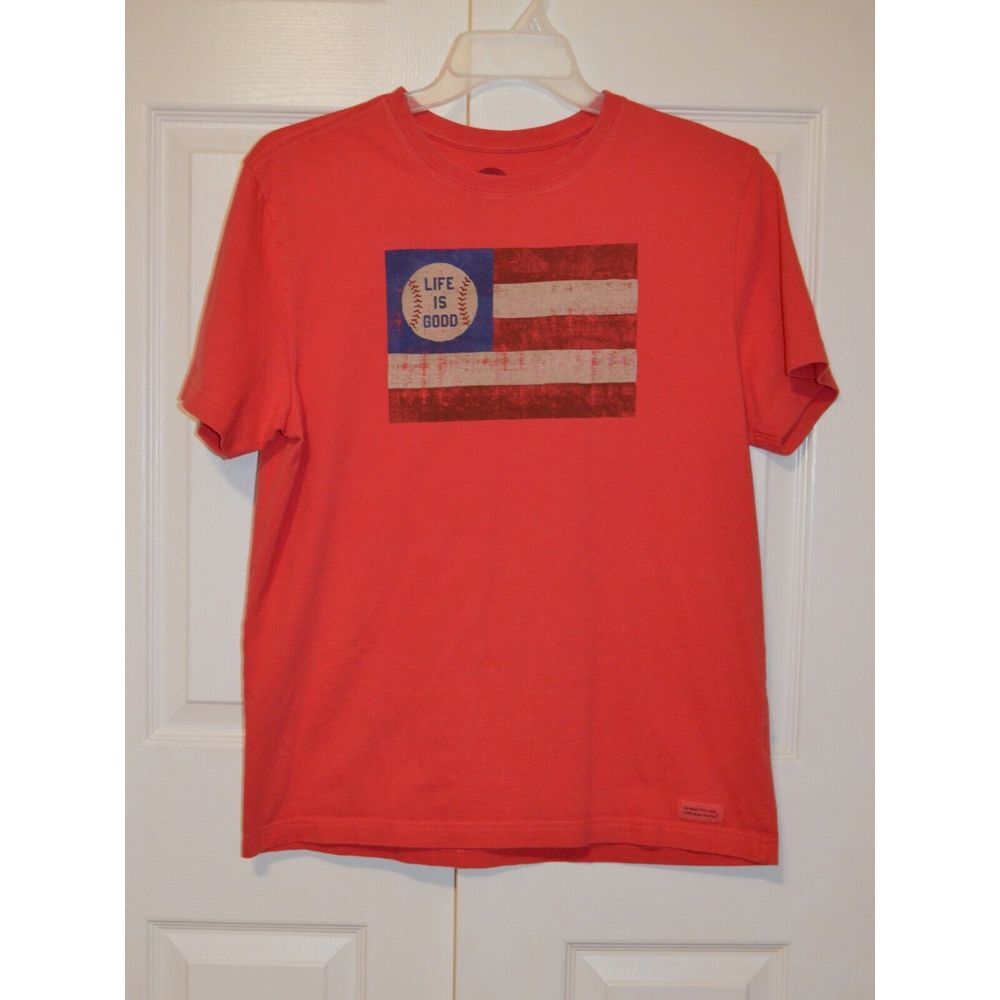 Life is Good Red Crusher T-Shirt Tee Shirt Size M American Flag Baseball Unisex